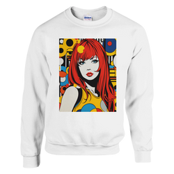 Retro redhead pop-art woman sweatshirt for men, vintage graphic jumper.