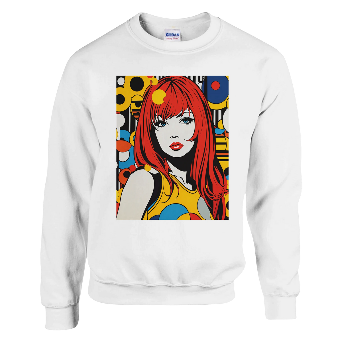 Retro redhead pop-art woman sweatshirt for men, vintage graphic jumper.