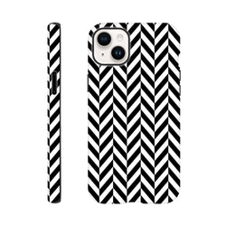 Black and white herringbone pattern tough iPhone case with geometric chevron design, featuring a protective dual-layer shell and exact cutouts.