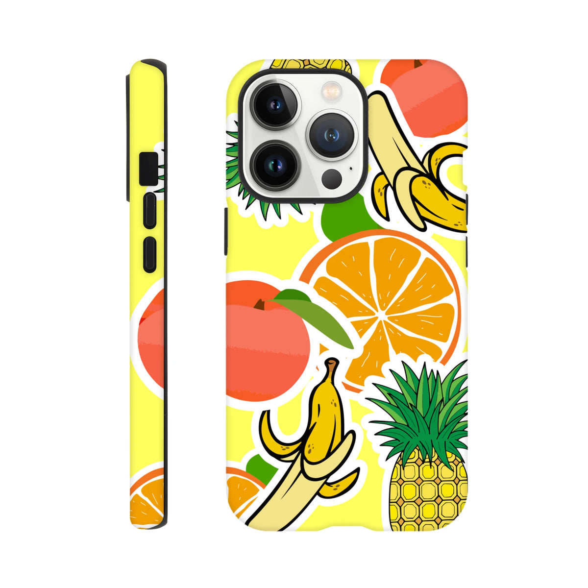 Yellow tough iPhone case featuring bold orange, banana, and pineapple sticker graphics with a vibrant wraparound tropical design.