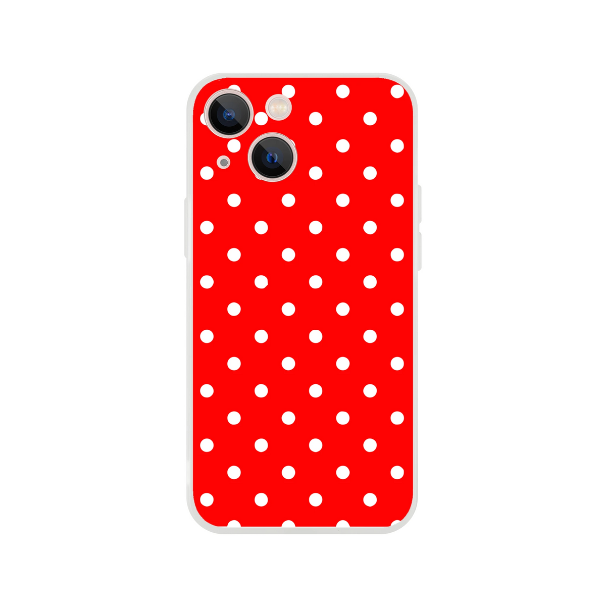 Retro red iPhone case with white polka dots. Slim TPU cover for iPhone 13-16 featuring vintage style and shock-absorbing protection.
