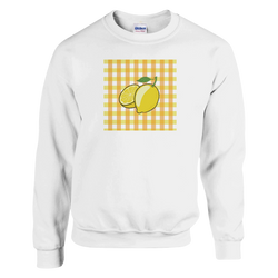 White sweatshirt featuring a retro lemon graphic on a yellow and white gingham square background. Vintage fruit citr us print jumper.