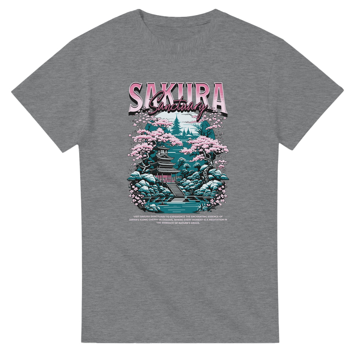 Gray men's T-shirt with Sakura Sanctuary graphic featuring pink cherry blossoms, a pagoda, and teal landscape.