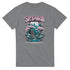 Gray men's T-shirt with Sakura Sanctuary graphic featuring pink cherry blossoms, a pagoda, and teal landscape.