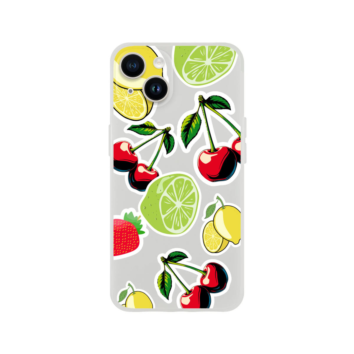 Transparent iPhone case featuring a sticker effect design with cherries, limes, lemons, and strawberries.