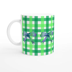 Green gingham mug with purple bows, a cute coquette coffee cup.