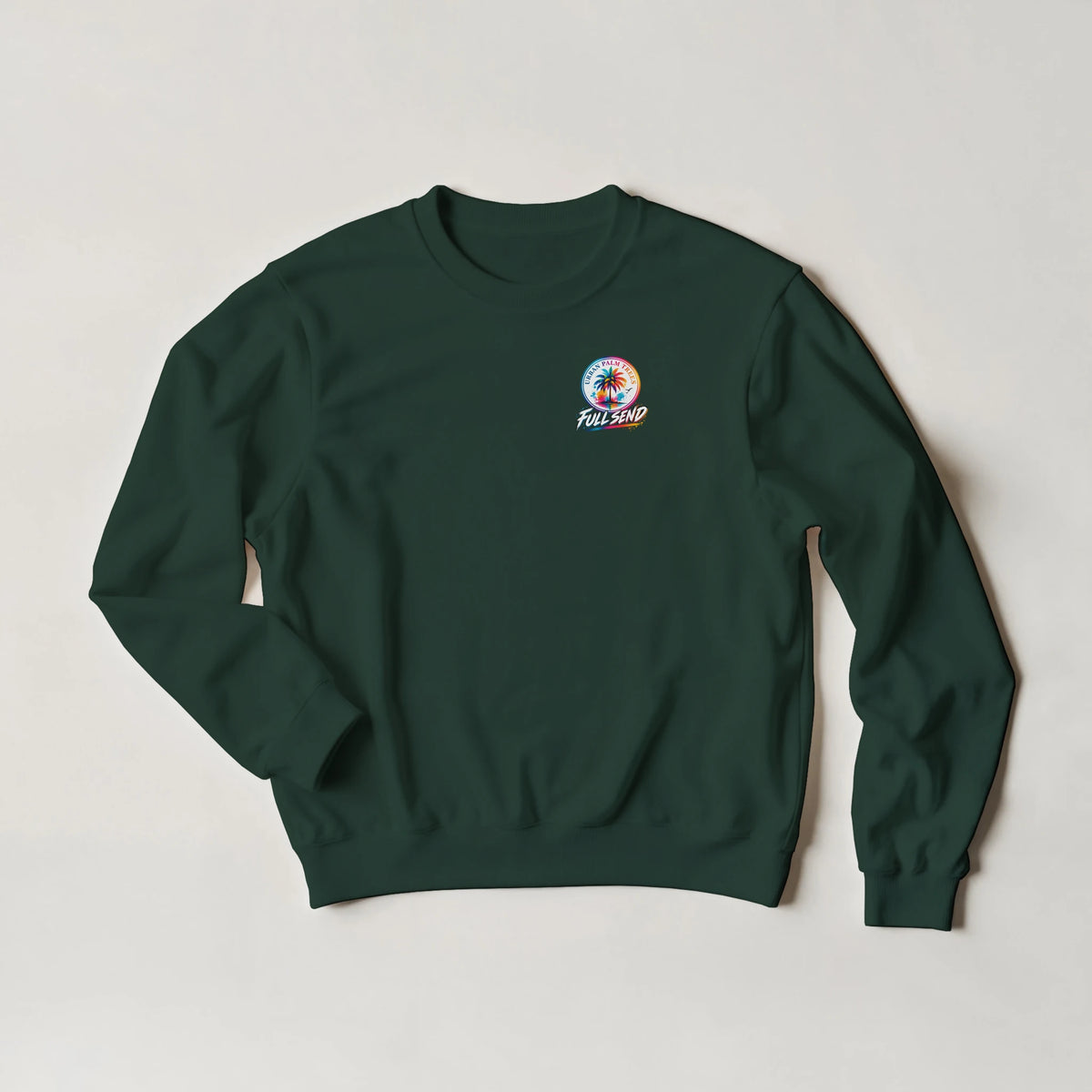 Dark green crew-neck sweatshirt featuring a colorful "Full Send" palm tree graphic on the chest for petrolheads.