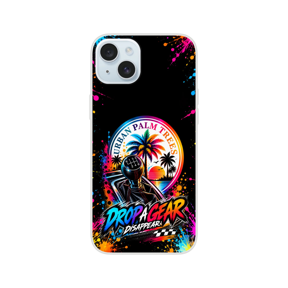 Drop A Gear car culture iPhone case featuring a manual shifter, colorful Urban Palm Trees sunset, and splatter art design.