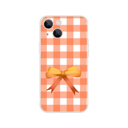 Orange gingham bow iPhone case for 13-16, cute coquette aesthetic with vibrant orange ribbon bow.