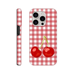 Red and white gingham iPhone case featuring cute red cherries, tough checkered cover for drop protection