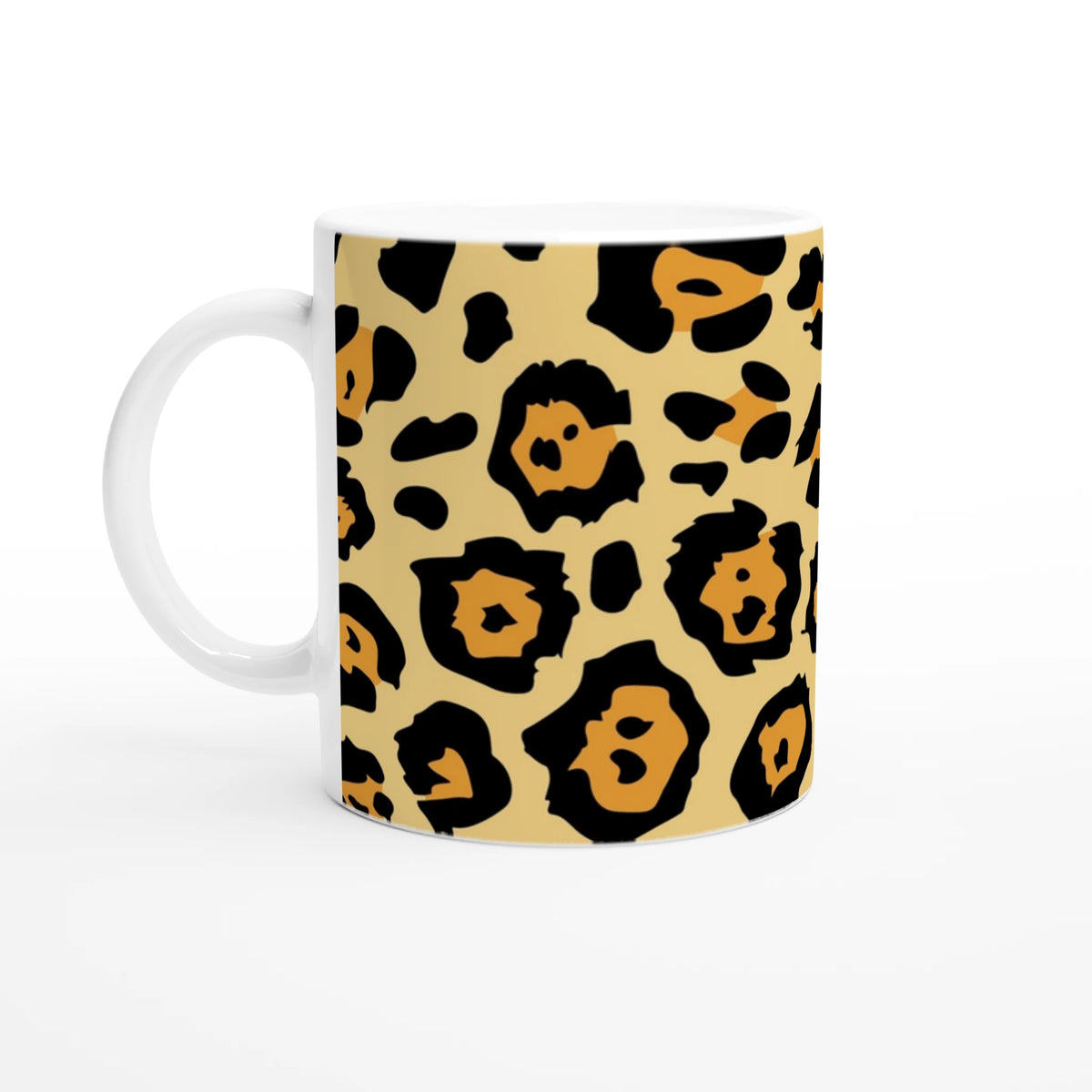 Classic leopard print mug with tan background and black spots, retro animal print coffee cup.