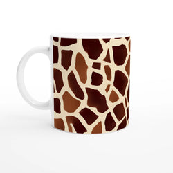 Brown giraffe-print mug with white handle and interior, safari-themed coffee cup.