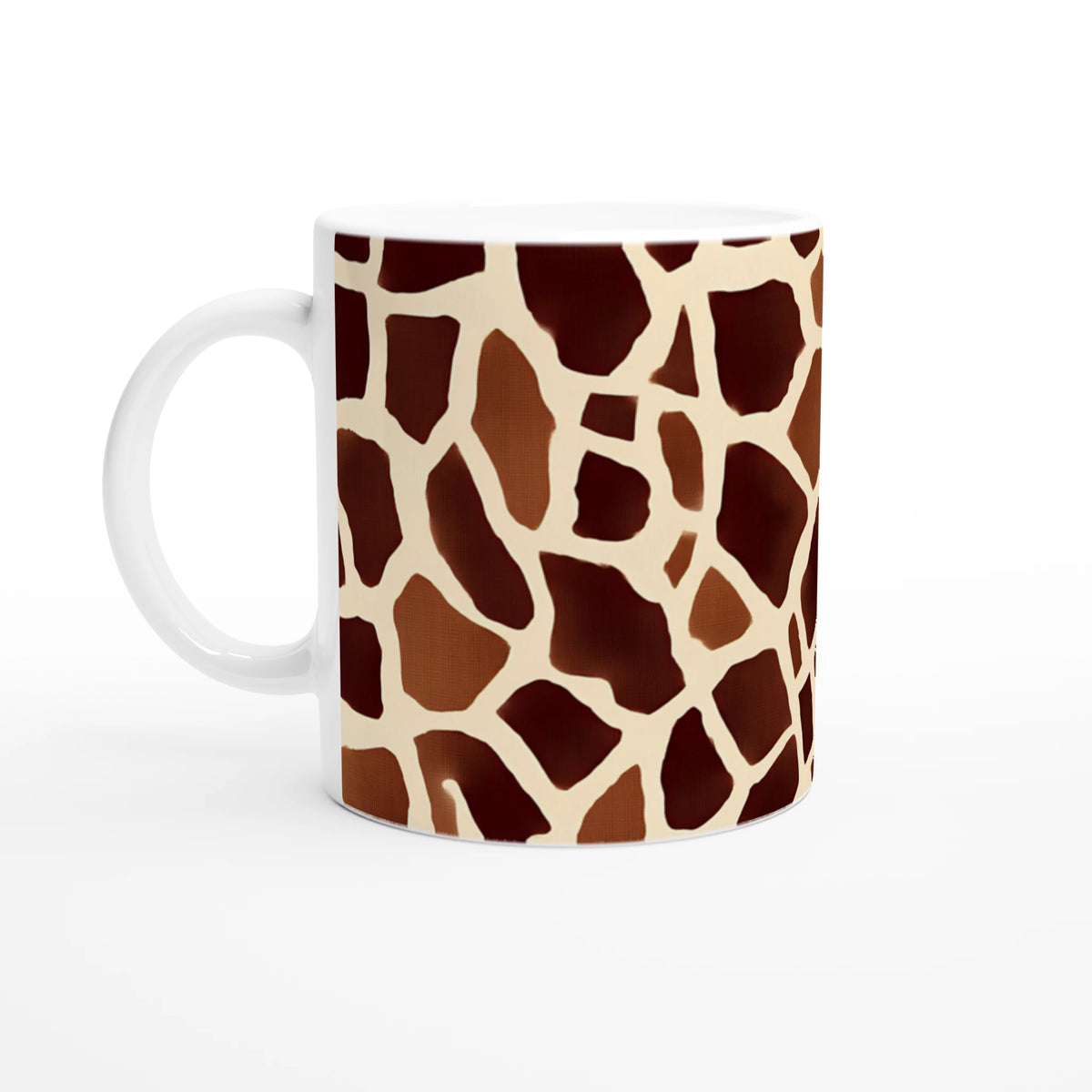 Brown giraffe-print mug with white handle and interior, safari-themed coffee cup.