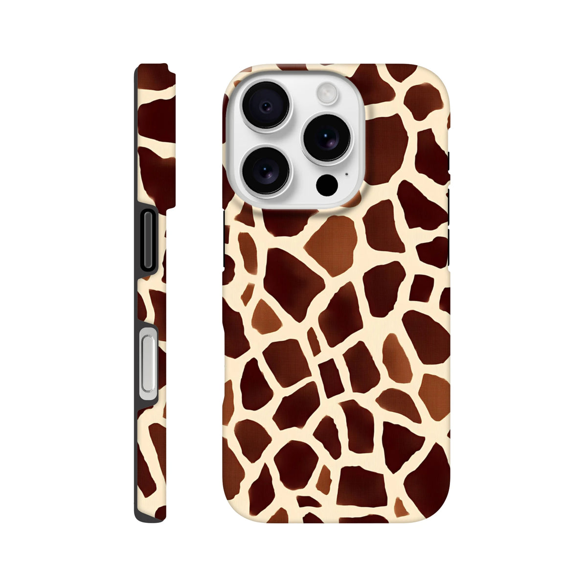 Giraffe print tough iPhone case featuring a bold safari animal pattern that wraps around the edges for durable, stylish protection.
