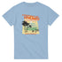 Tropical Dreamer women's short-sleeve graphic tee with palm trees and sunset on light blue cotton.