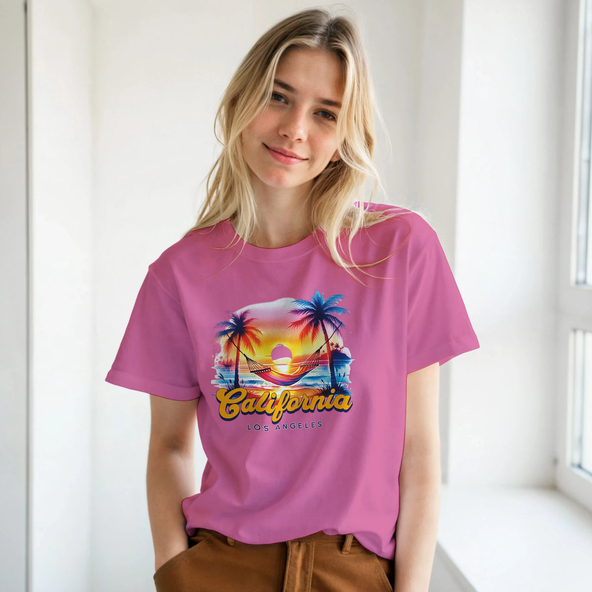 Pink retro California T-shirt for women with sunset palm trees graphic, cute summer top