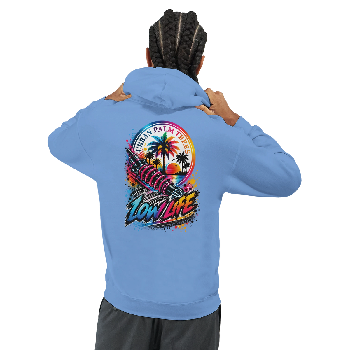 Blue Low Life car hoodie featuring a shock absorber and palm tree sunset graphic on the back. Petrolhead streetwear sweatshirt.