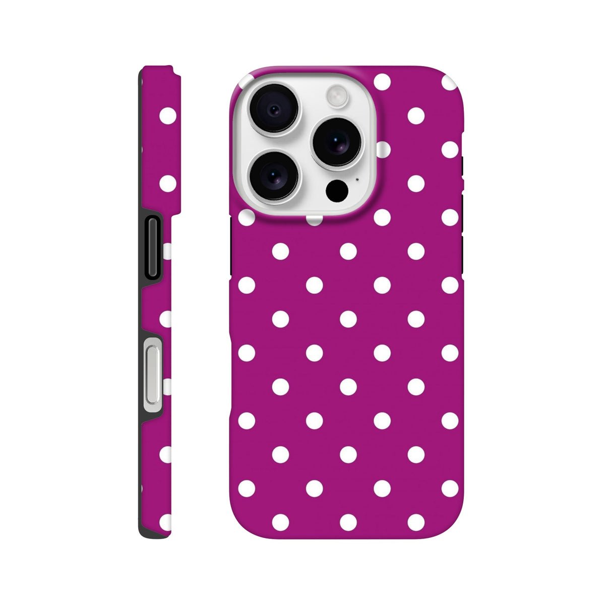 Purple and white polka dot tough iPhone case with shock absorbing TPU protection for iPhone 13-16.