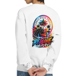 White sweatshirt back featuring colorful Redline petrolhead graphic with tachometer, urban palm trees, and checkered flag art.
