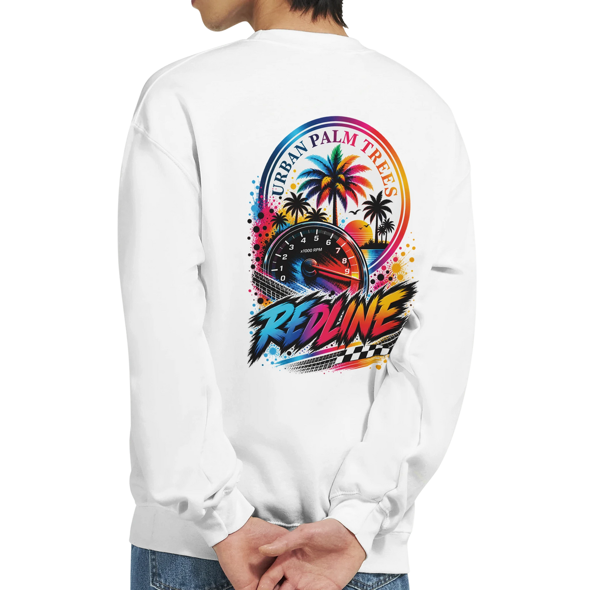 White sweatshirt back featuring colorful Redline petrolhead graphic with tachometer, urban palm trees, and checkered flag art.