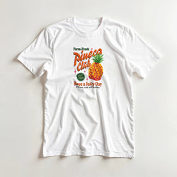 White women's pineapple graphic T-shirt with colorful pineapple illustration and Have a Juicy Day slogan.