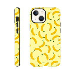 Yellow banana pattern tough iPhone case with playful fruit print and black bumpers for secure daily carry protection.