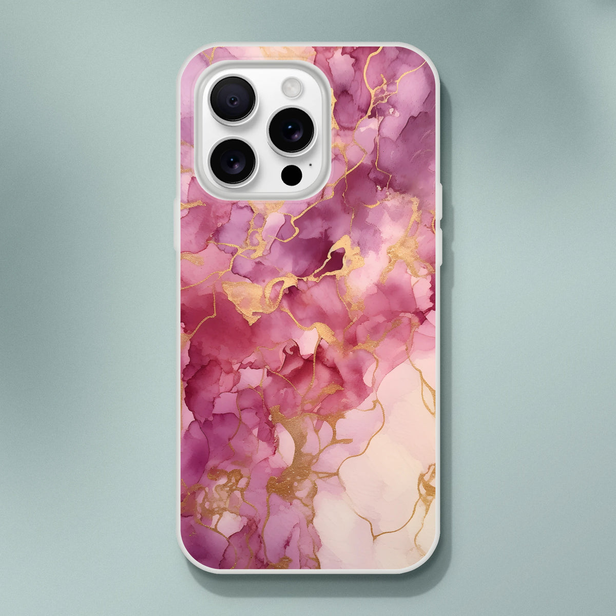 Pink marble iPhone case (13-16), blush rose-gold abstract design, slim matte shell.
