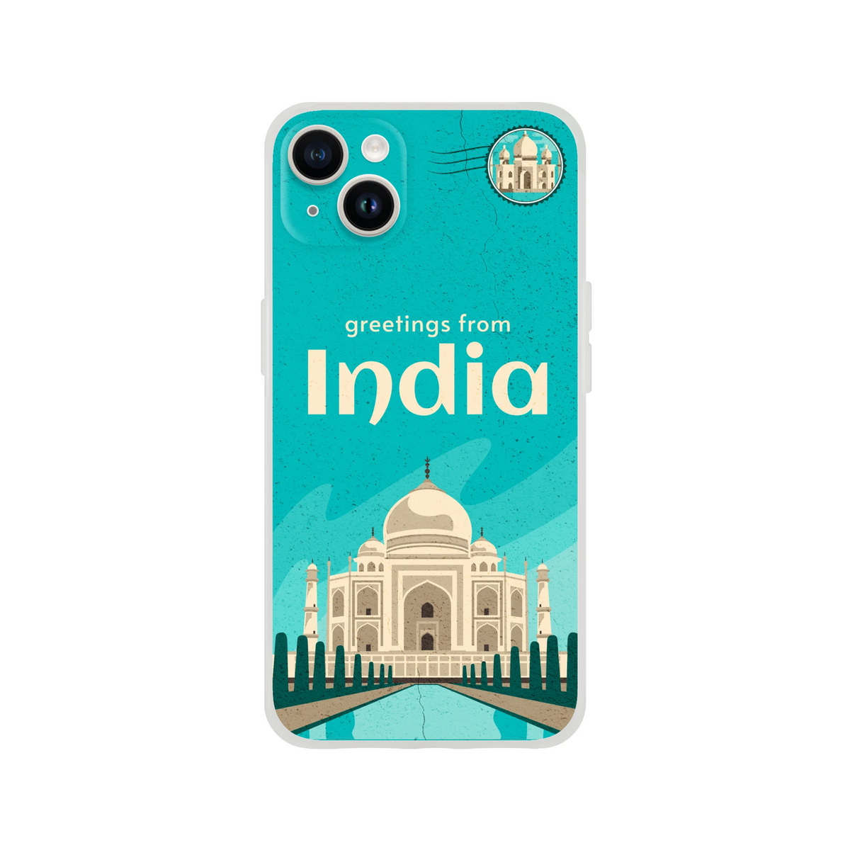 Vintage Postcard iPhone Case (13-16) India Holiday design in turquoise with Taj Mahal illustration.