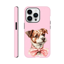 Pink tough iPhone case featuring an adorable dog wearing a floral bow tie. Shock-absorbent protective cover for urban use.