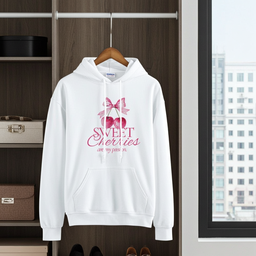 White hoodie with 'Sweet Cherries' design on a hanger in a room with shelves and a window.