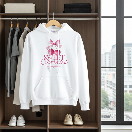 White hoodie with pink design and text hanging on a wooden rack with shoes below, window view in the background
