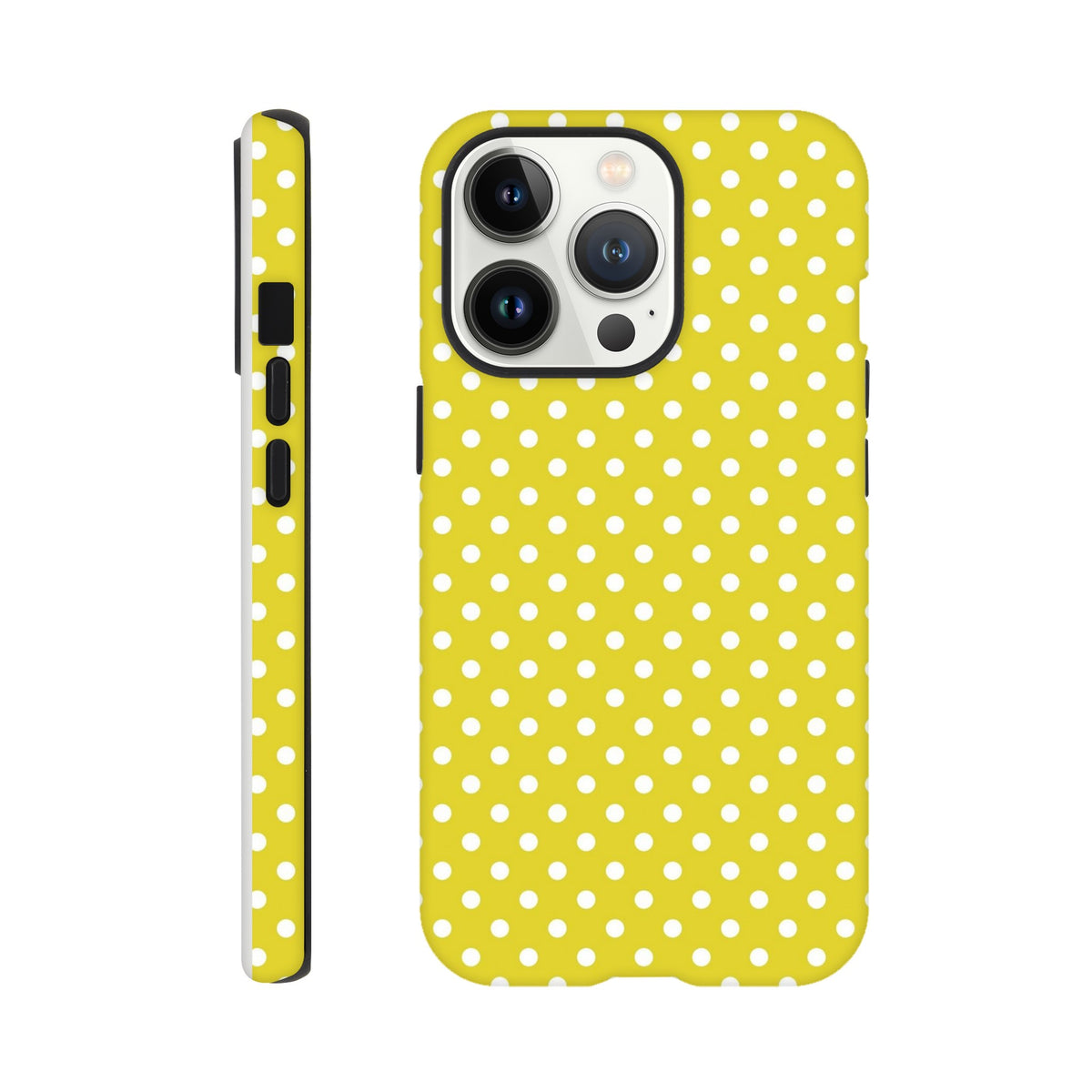 Yellow and white polka dot tough iPhone case featuring dual-layer TPU protection and perfect button alignment for models 13-16.