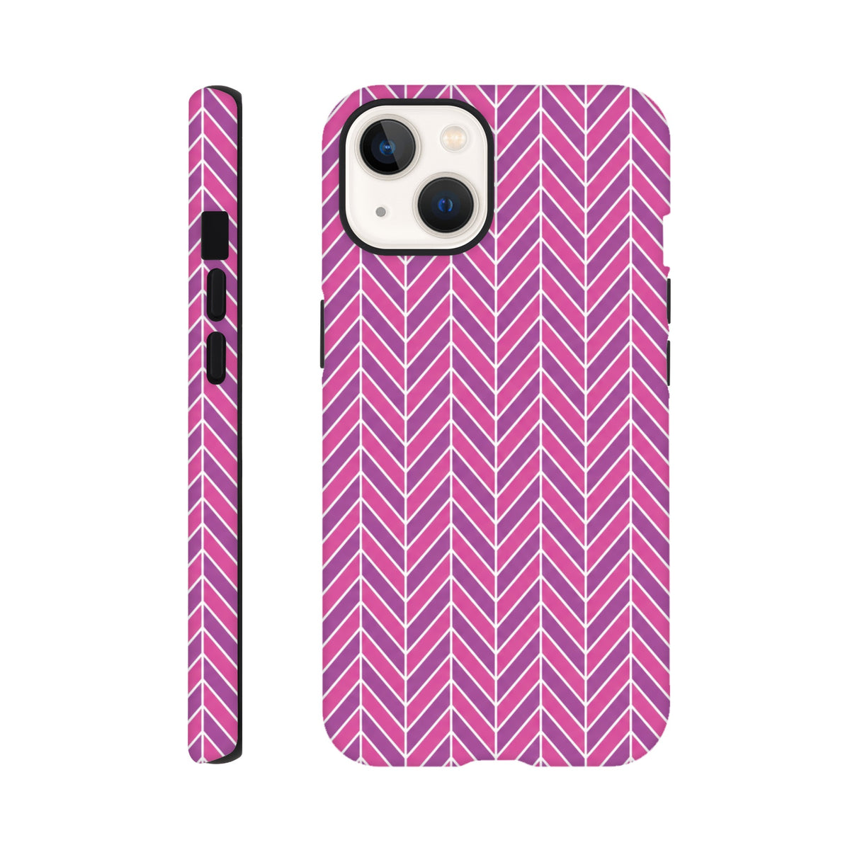 Pink geometric herringbone iPhone case with dual-layer protection and shock-absorbing TPU for daily impact resistance.