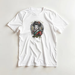 Men's white cotton-blend tee with colorful Geisha girl graphic in a circular Japanese art design.