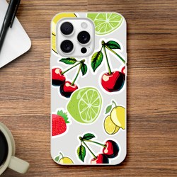 Transparent iPhone case with cherry, lime, and lemon fruit stickers for iPhone 13–16.