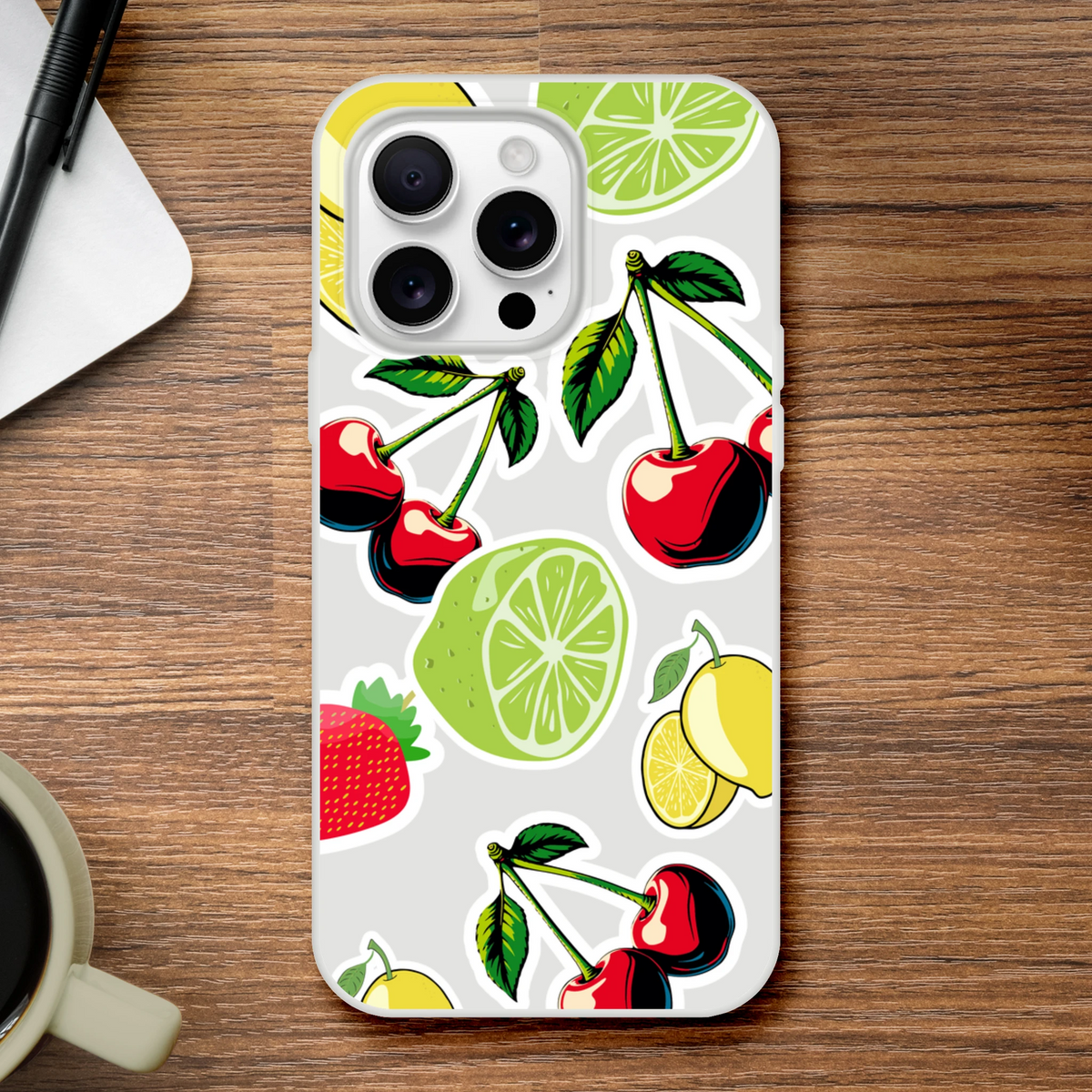 Transparent iPhone case with cherry, lime, and lemon fruit stickers for iPhone 13–16.