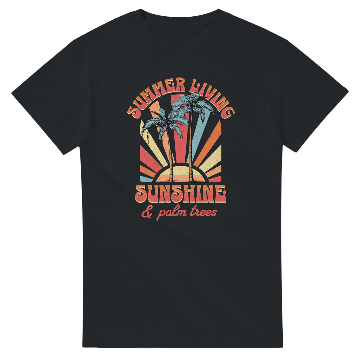 Black women's graphic tee with palm trees and sunburst retro design reading Summer Living Sunshine & palm trees.