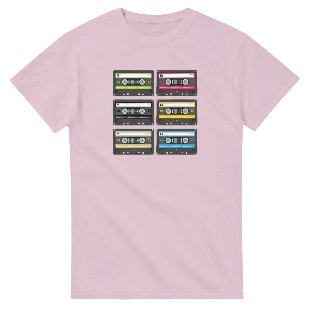 Pink t-shirt featuring six colorful retro cassette tapes in a grid. 80s music aesthetic vintage audio graphic top for women.