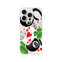 Clear iPhone case featuring lucky charm collage with Ace of Hearts, 8-ball, four-leaf clover, and horseshoe for street style protection.