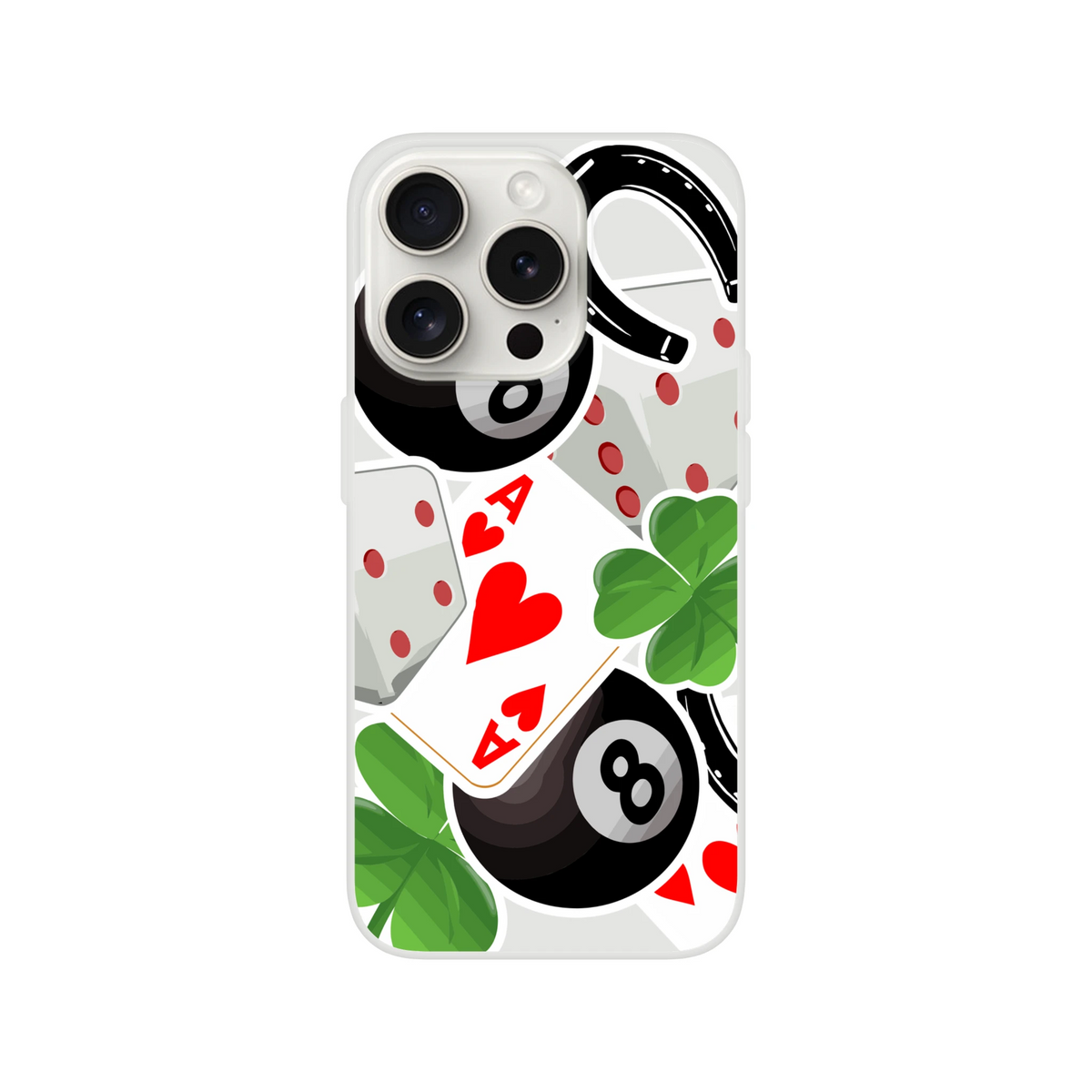 Clear iPhone case featuring lucky charm collage with Ace of Hearts, 8-ball, four-leaf clover, and horseshoe for street style protection.