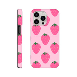 Pink iPhone case featuring a cute strawberry pattern with green leaves on a glossy light pink background for durable protection.