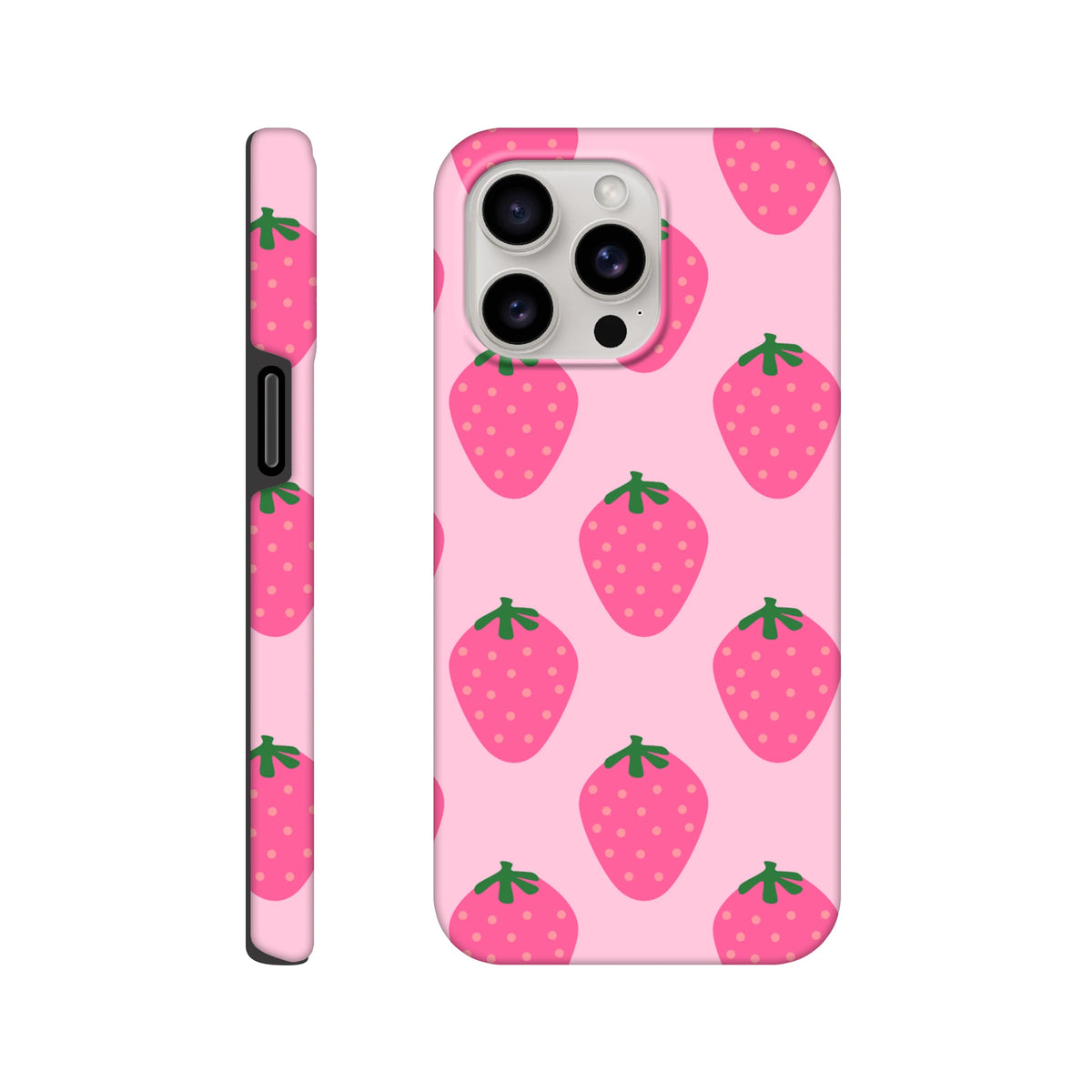 Pink iPhone case featuring a cute strawberry pattern with green leaves on a glossy light pink background for durable protection.