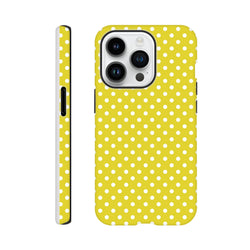 Yellow and white polka dot tough iPhone case for models 13-16, featuring vintage styling and impact-absorbing TPU protection.