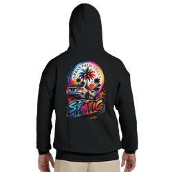 Black hoodie back featuring colorful Urban Palm Trees graphic with modified car, sunset, and Static text for petrolhead culture.