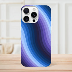 Blue retro wave iPhone case with Y2K wavy stripes. Tough protective cover with reinforced guard rails for daily impact and wireless charging.