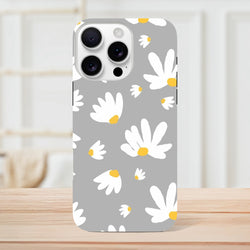 Grey iPhone case featuring white daisy floral print with yellow centers on a utilitarian grey background.