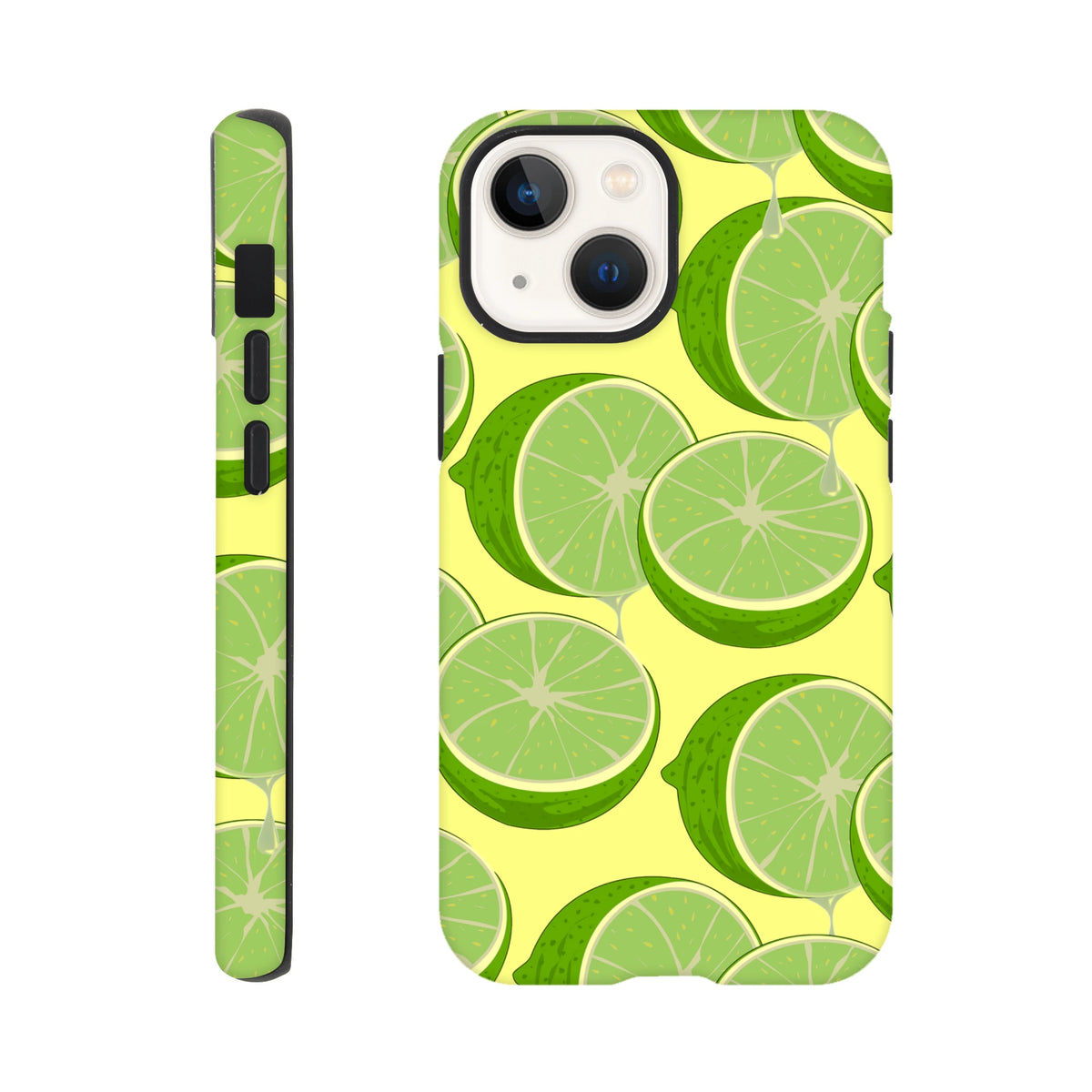 Tough iPhone case with fresh green lime slice pattern on yellow background for citrus phone cover style