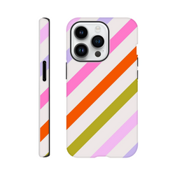 Retro colourful iPhone case with pink, orange, and green diagonal stripes. Tough dual-layer design protects against drops and scratches.