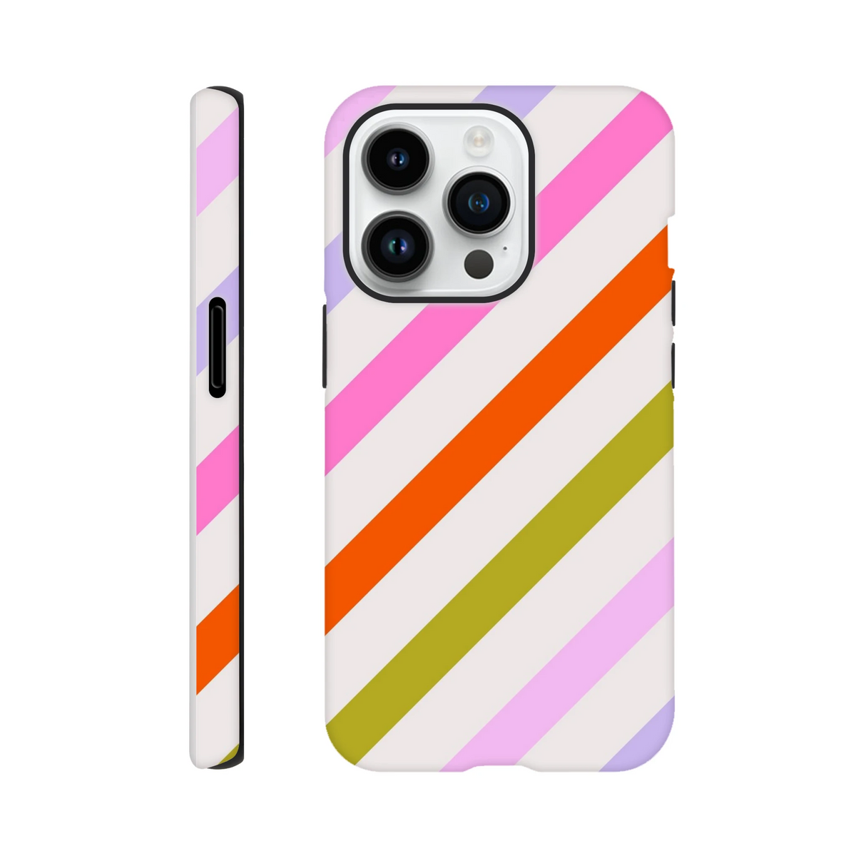 Retro colourful iPhone case with pink, orange, and green diagonal stripes. Tough dual-layer design protects against drops and scratches.