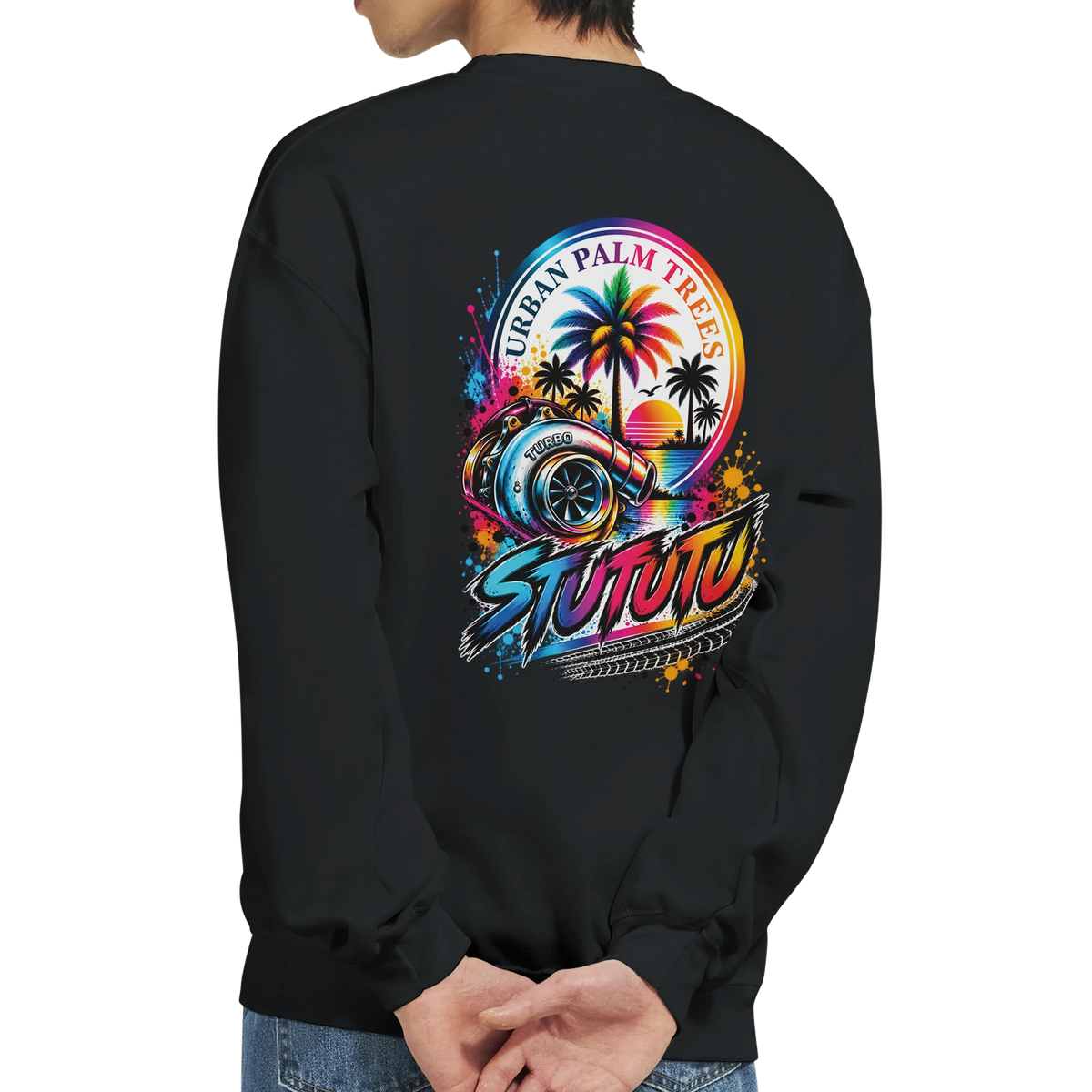 Black petrolhead sweatshirt back featuring retro turbocharger graphic with palm trees, sunset, and urban palm trees text.
